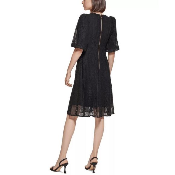 Calvin Klein Women's Puff-Sleeve Lace A-Line Dress - Black 10 - Picture 6 of 7